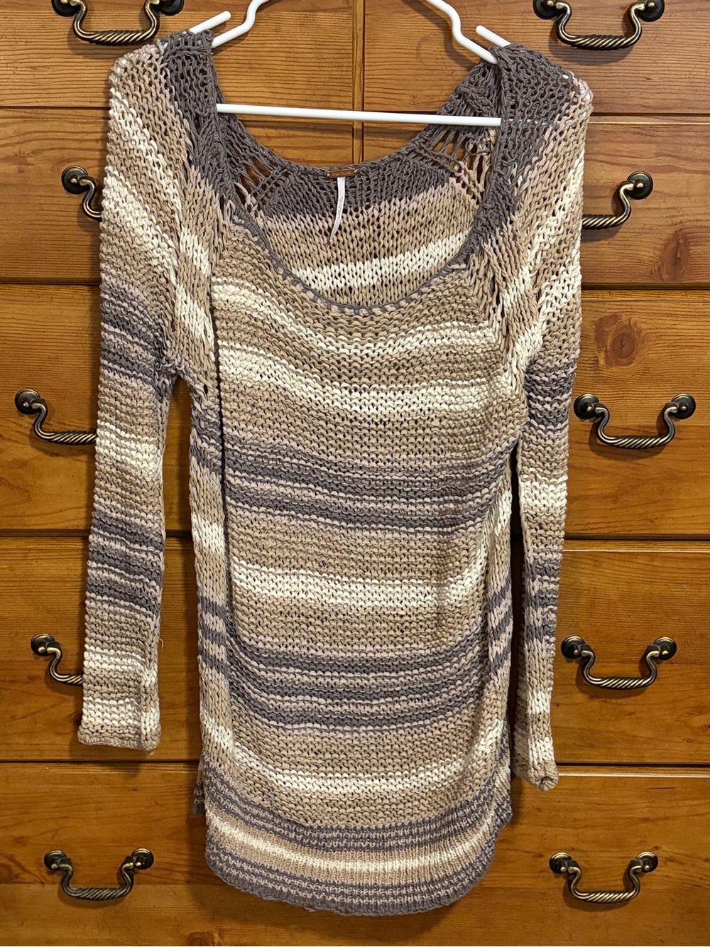 Free People Striped Open-Knit Scoop Neck Sweater in Beige, Gray & Cream